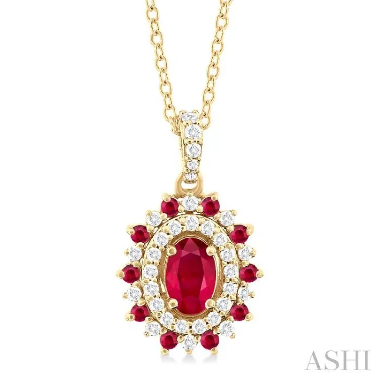 1/4 ctw Floral 6X4 MM Oval & 1.55 MM Round Cut Ruby and Round Cut Diamond Precious Pendant With Chain in 14K Yellow Gold