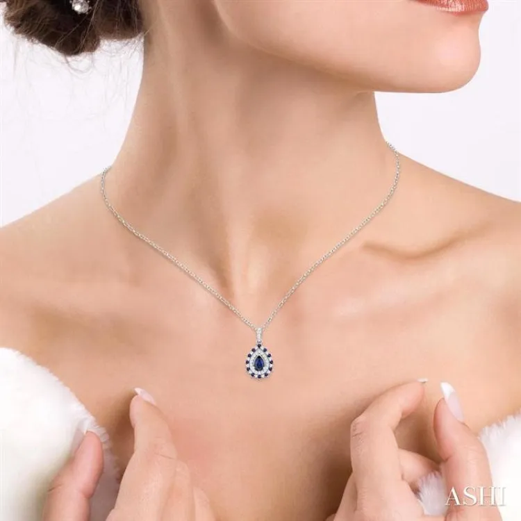 1/4 ctw Floral 6X4 MM Oval & 1.55 MM Round Cut Sapphire and Round Cut Diamond Precious Pendant With Chain in 14K White Gold