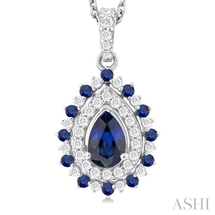 1/4 ctw Floral 6X4 MM Oval & 1.55 MM Round Cut Sapphire and Round Cut Diamond Precious Pendant With Chain in 14K White Gold