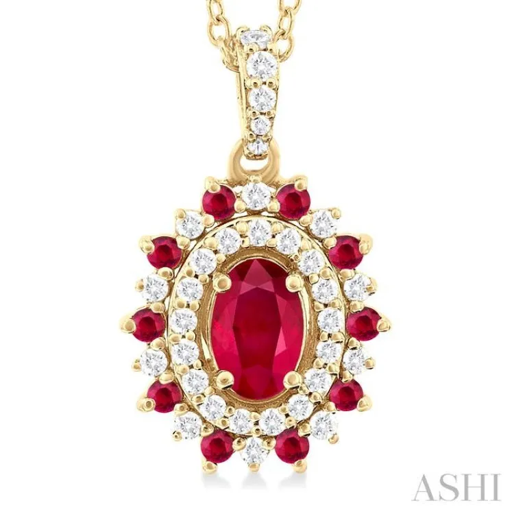 1/4 ctw Floral 6X4MM Oval & 1.55MM Round Cut Ruby and Round Cut Diamond Precious Pendant With Chain in 14K Yellow Gold