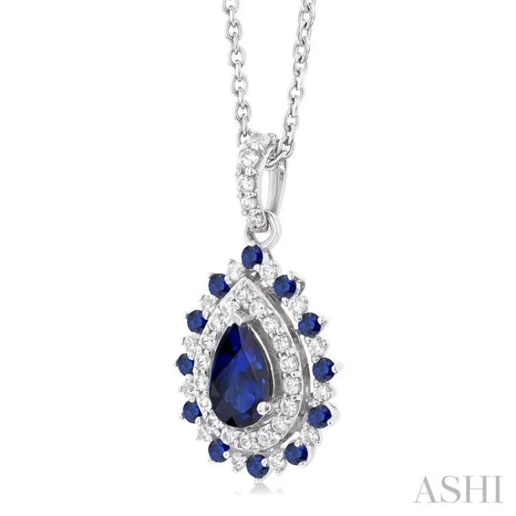 1/4 ctw Floral 6X4MM Oval & 1.55MM Round Cut Sapphire and Round Cut Diamond Precious Pendant With Chain in 14K White Gold