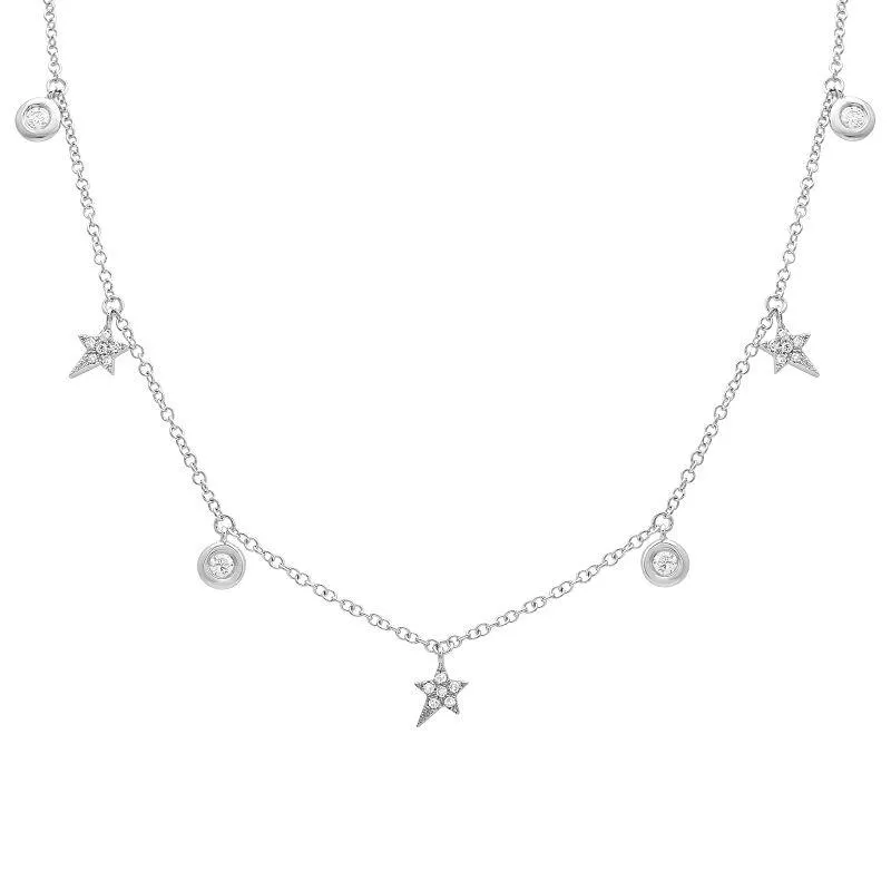 14K Gold Micro Pave Star   Round Bezel Diamond Dangling Necklace