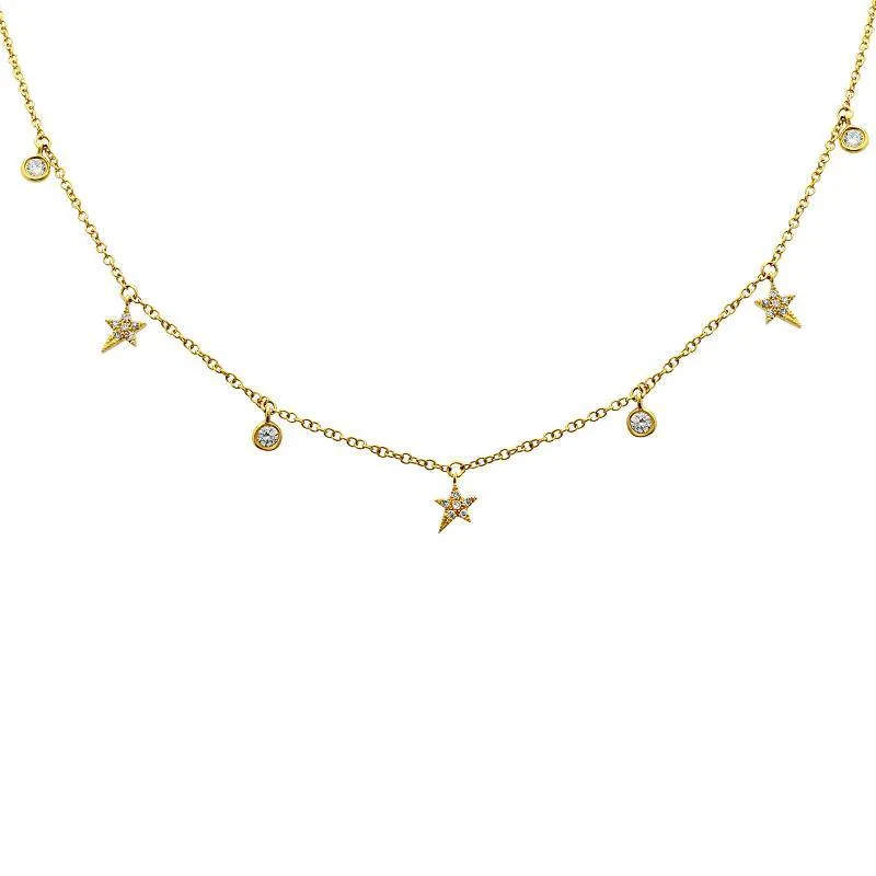 14K Gold Micro Pave Star   Round Bezel Diamond Dangling Necklace