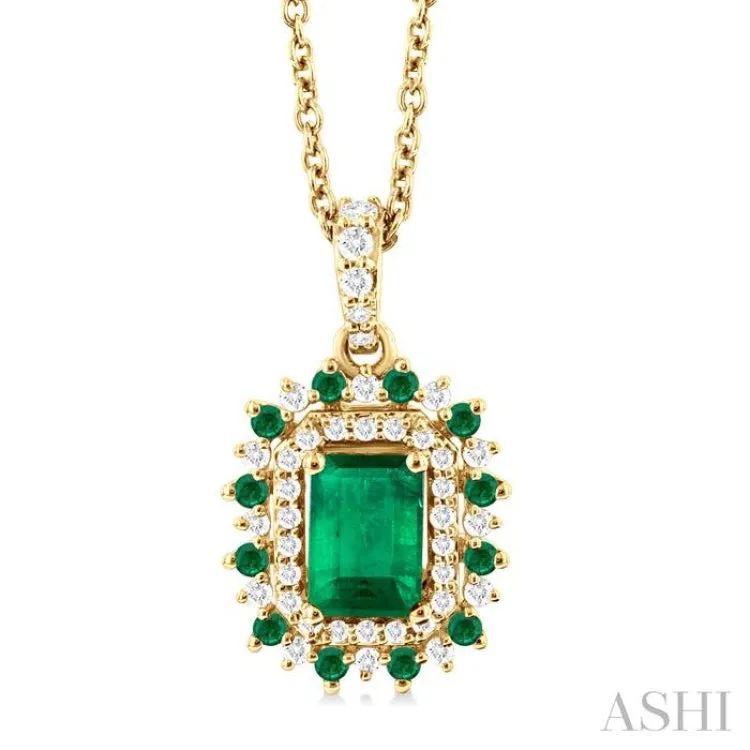 1/5 Ctw Floral 6X4 MM Emerald & 1.55 MM Round Cut Emerald and Round Cut Diamond Precious Pendant With Chain in 14K Yellow Gold