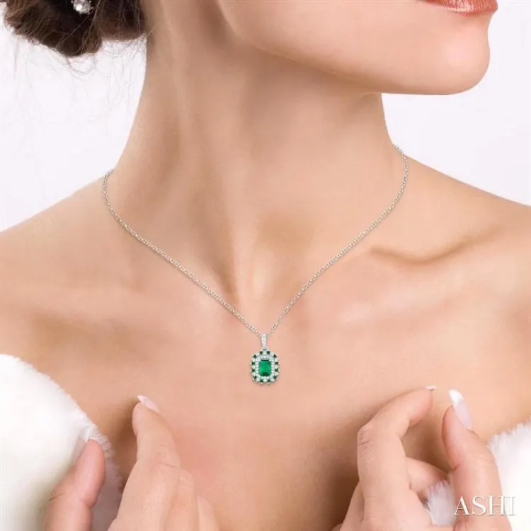 1/5 ctw Floral 6X4MM Emerald & 1.55MM Round Cut Emerald and Round Cut Diamond Precious Pendant With Chain in 14K White Gold