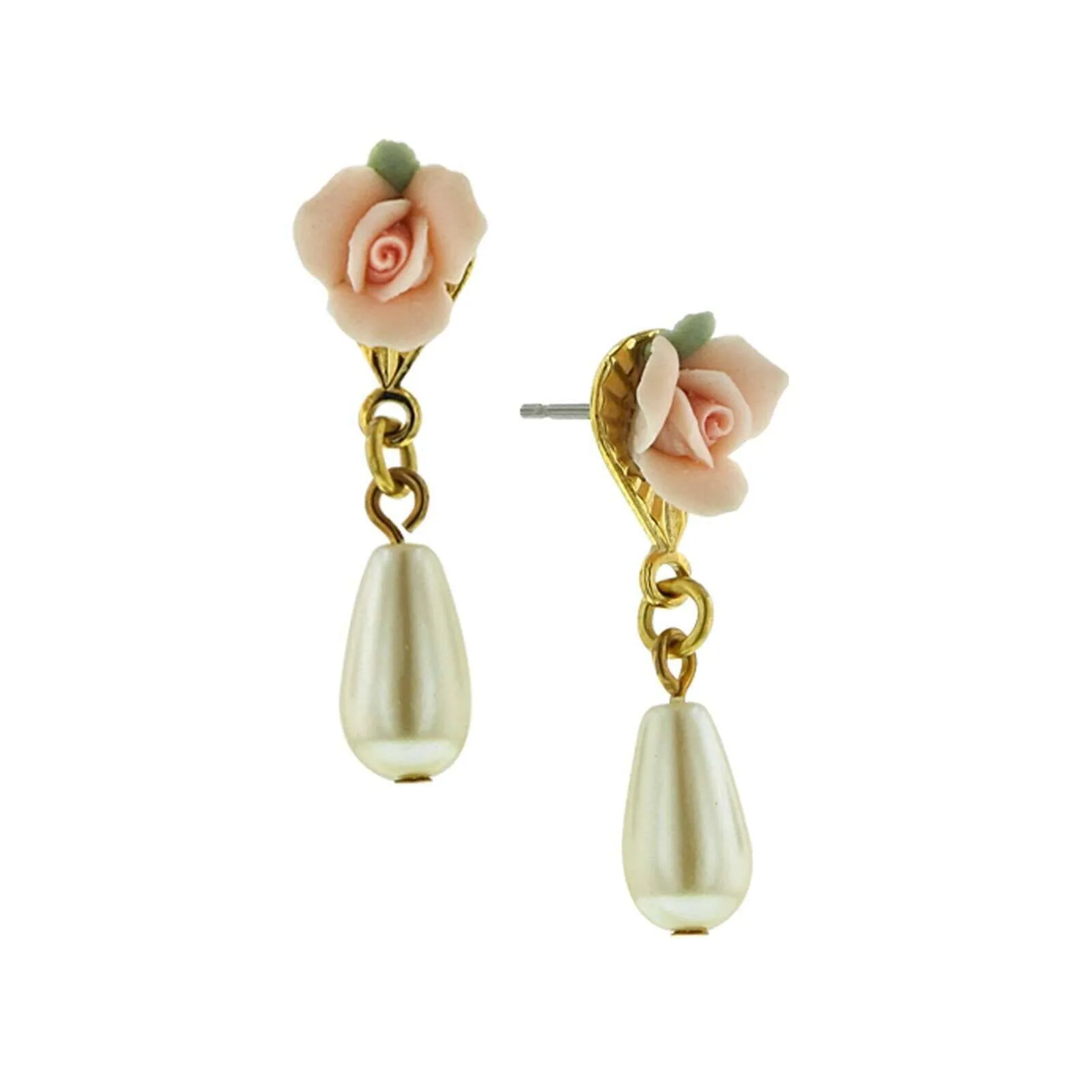 1928 Bridal Pink Porcelain Rose Faux Pearl Drop Earrings