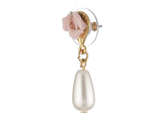 1928 Bridal Pink Porcelain Rose Faux Pearl Drop Earrings