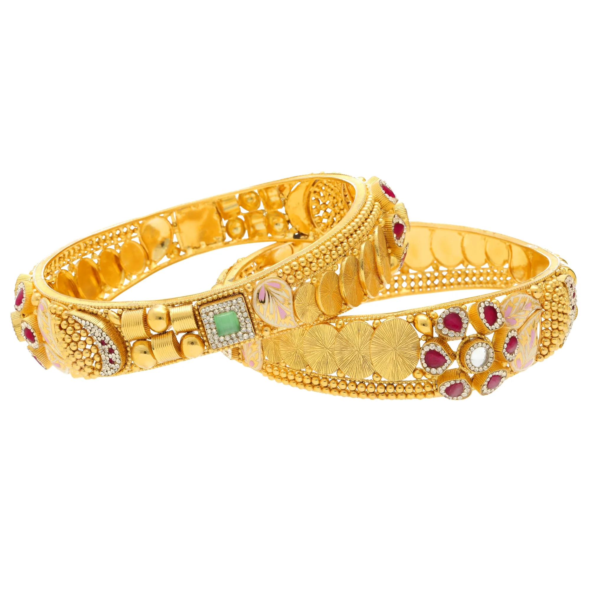 22K Yellow Gold Bangle Set of 2 w/ Kundan, Emerald, CZ, & Ruby (57.5gm)