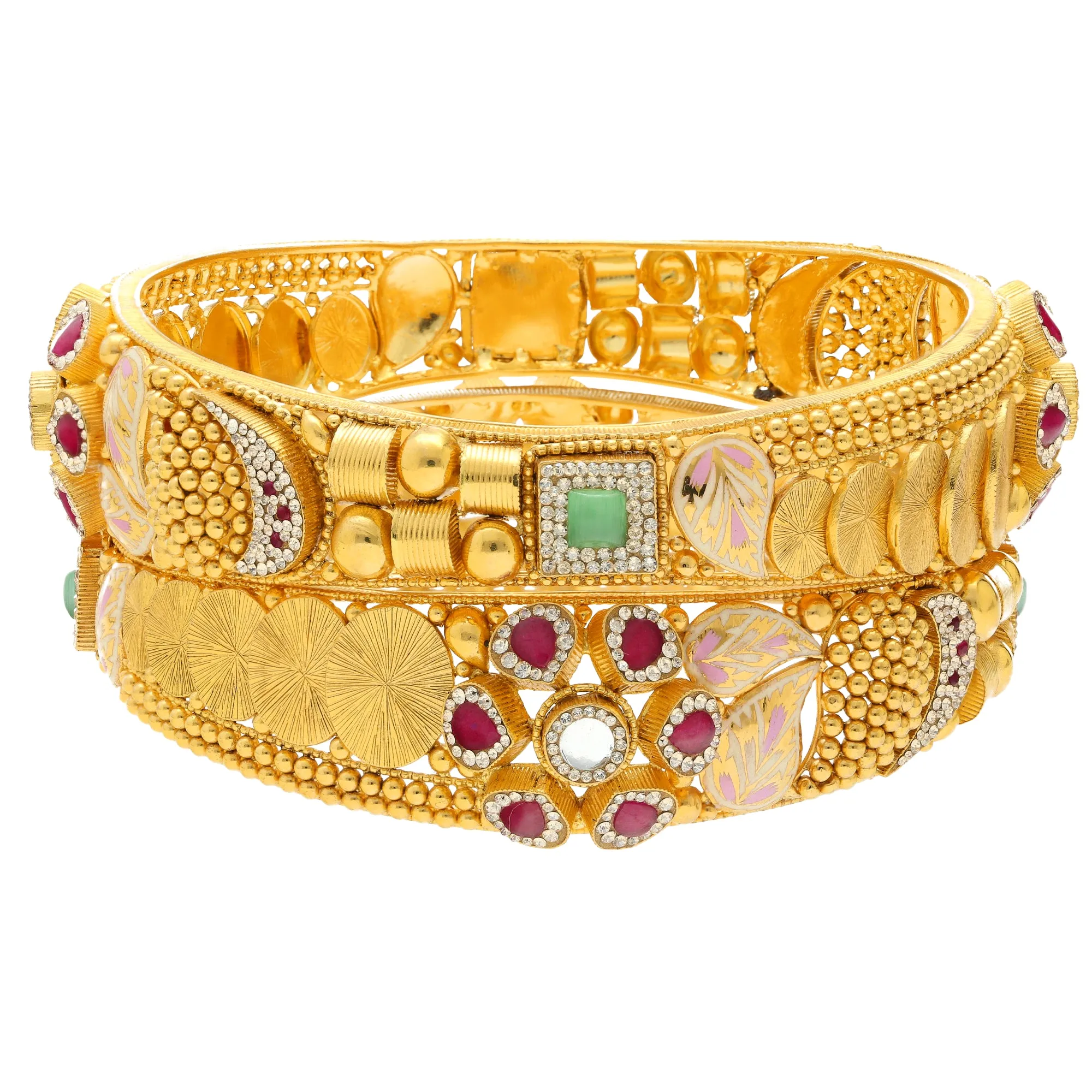 22K Yellow Gold Bangle Set of 2 w/ Kundan, Emerald, CZ, & Ruby (57.5gm)