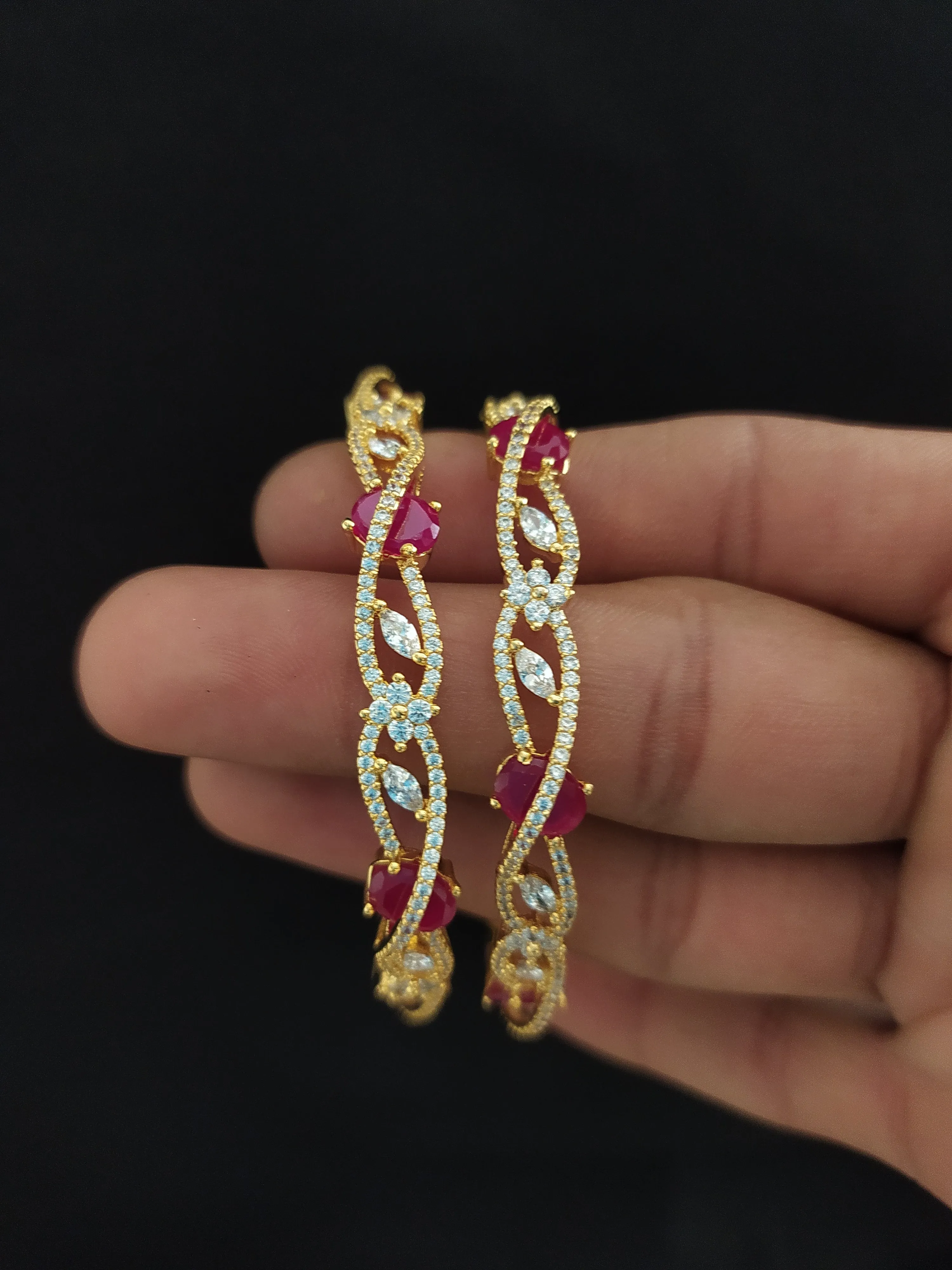 Alluring Design Gold Plated Ruby & Green Stones Zircon Bangles