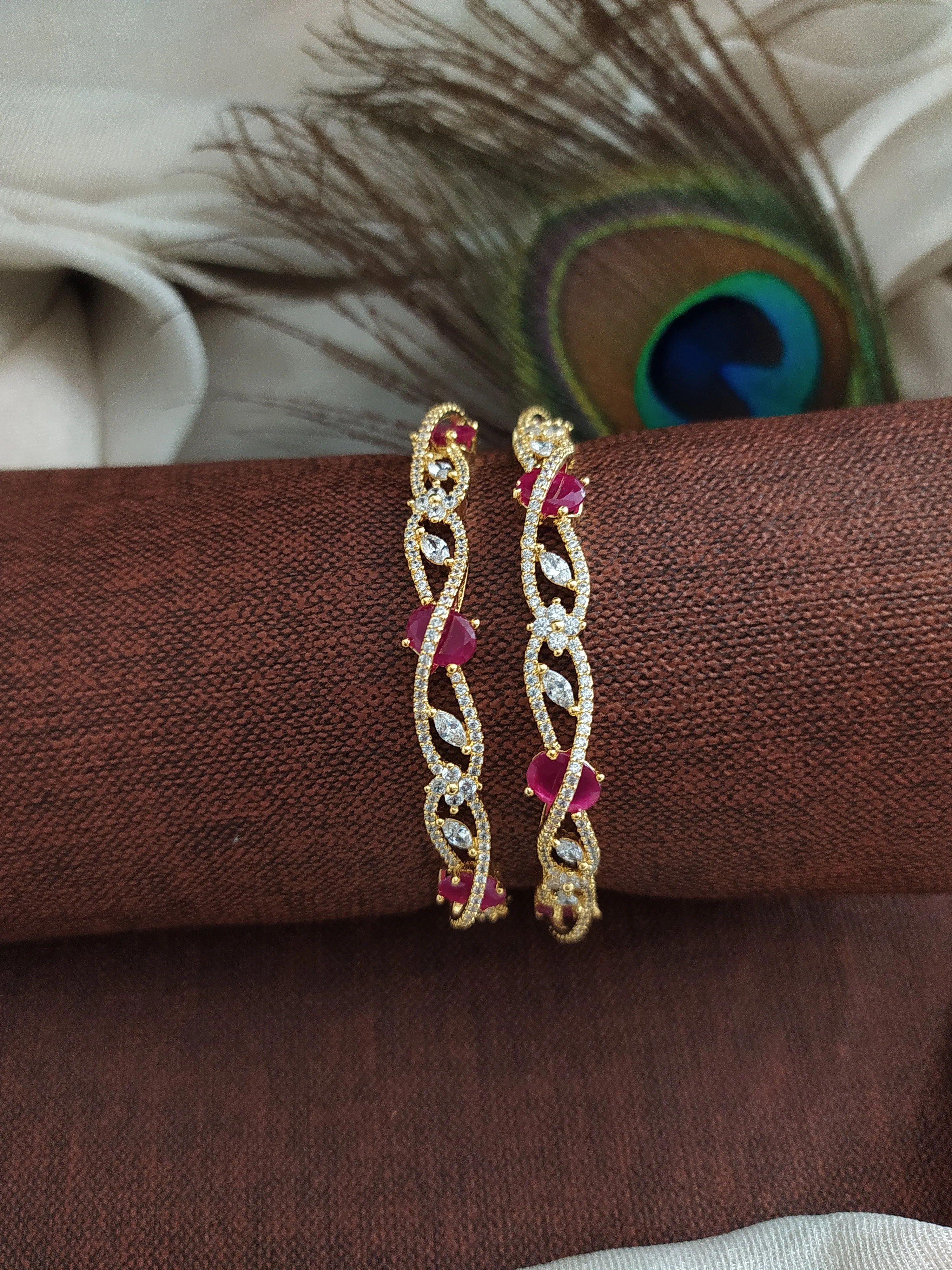 Alluring Design Gold Plated Ruby & Green Stones Zircon Bangles