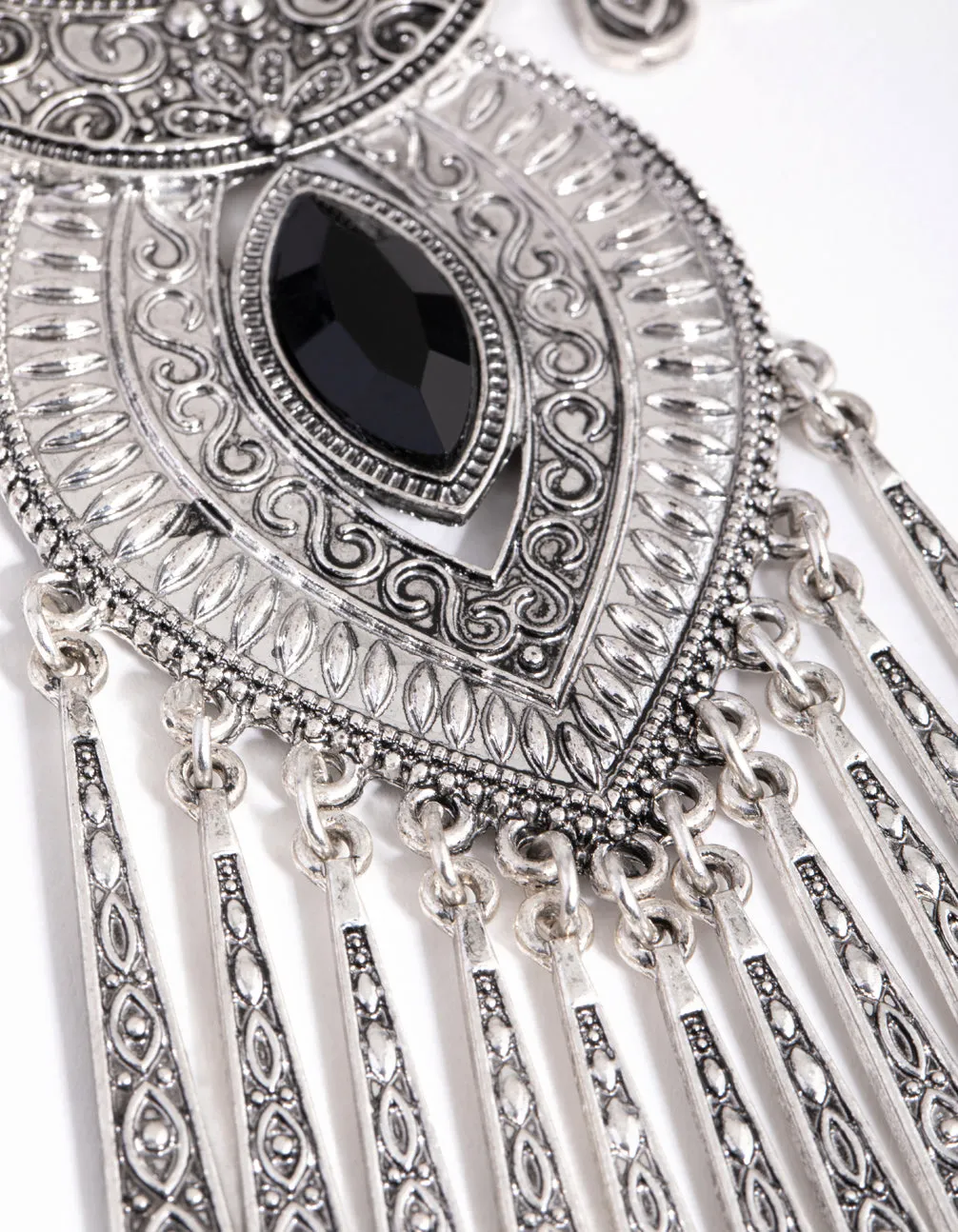 Antique Silver Metal Tassel & Diamante Necklace