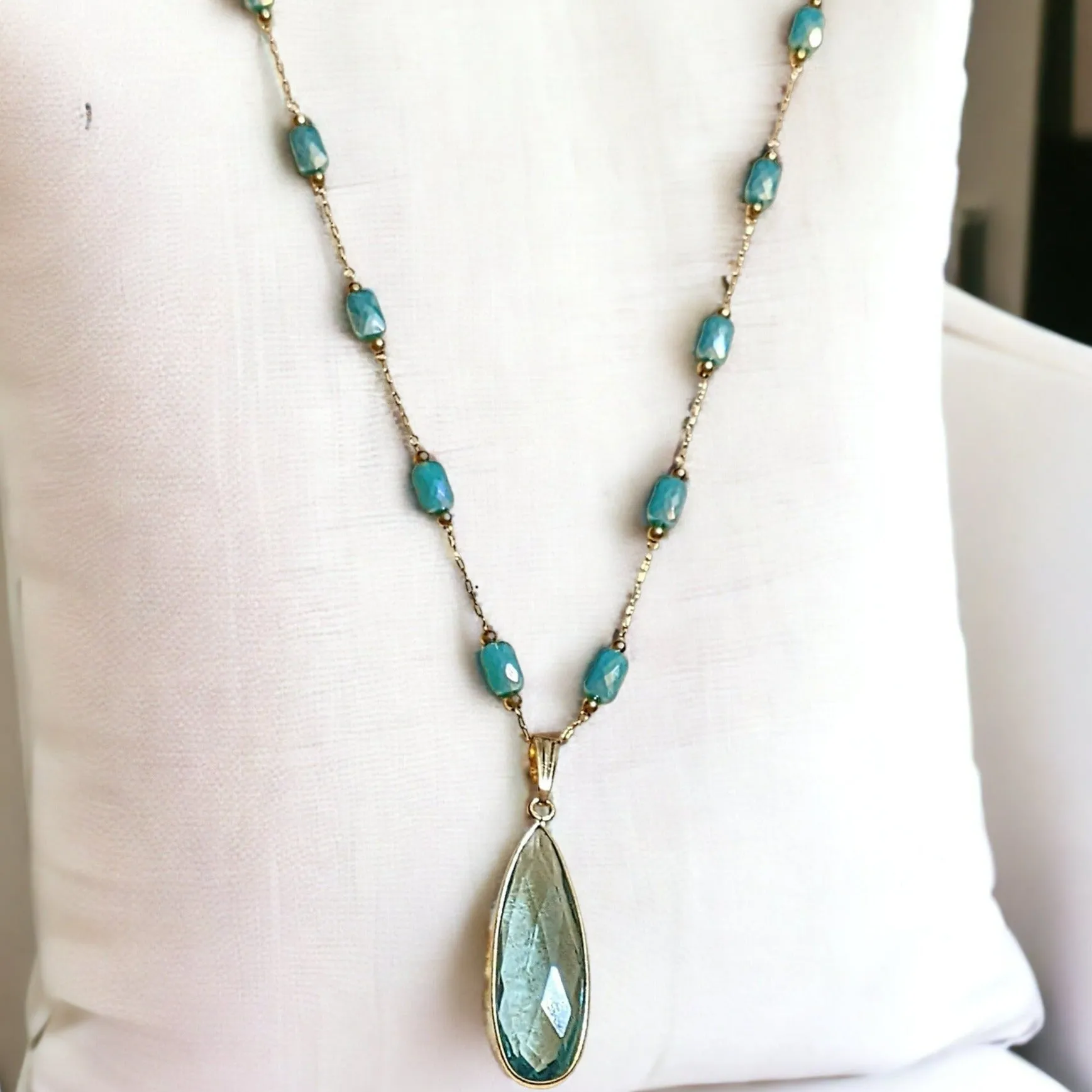 Aqua Gemstone Drop Crystal Bead Necklace, 20 inch