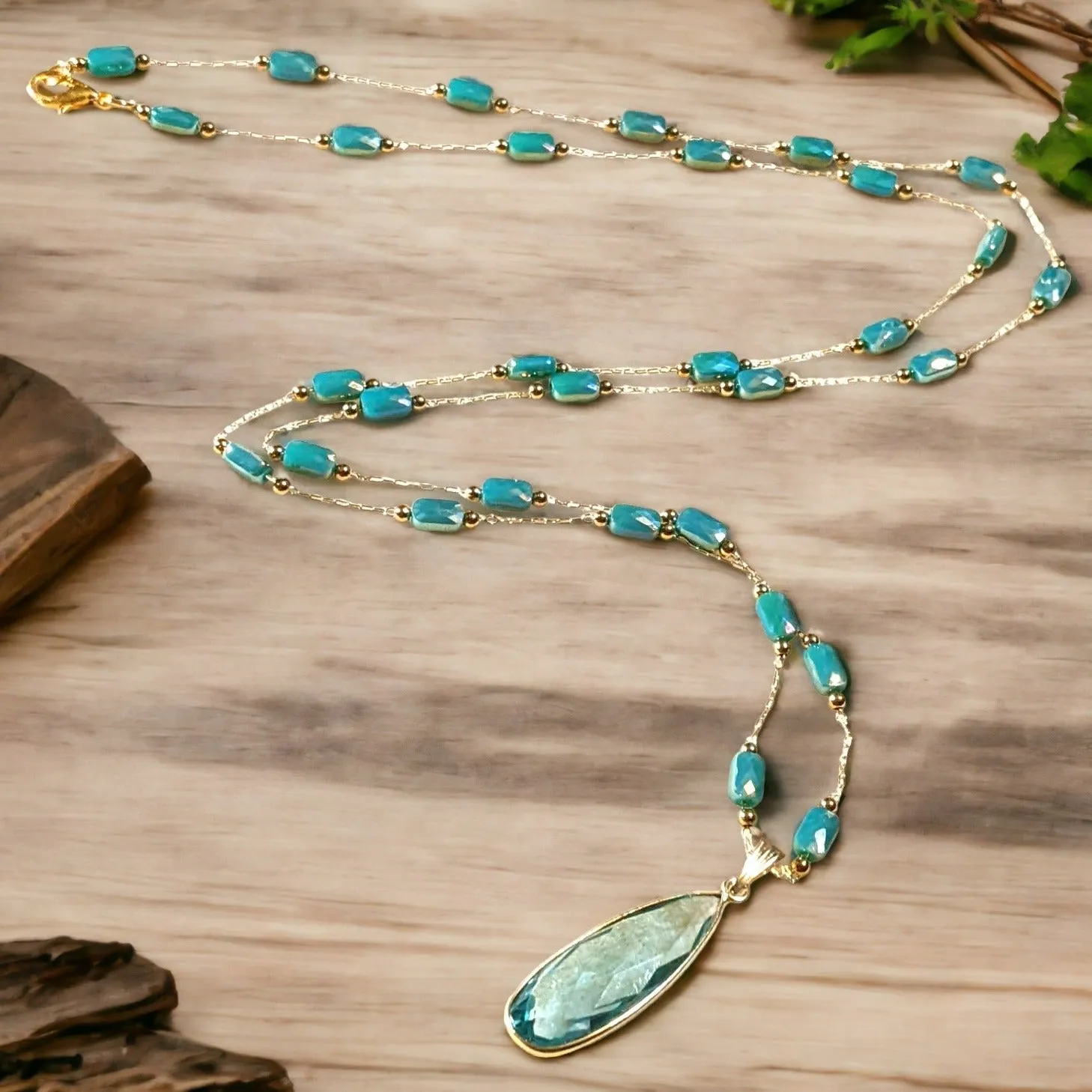 Aqua Gemstone Drop Crystal Bead Necklace, 20 inch