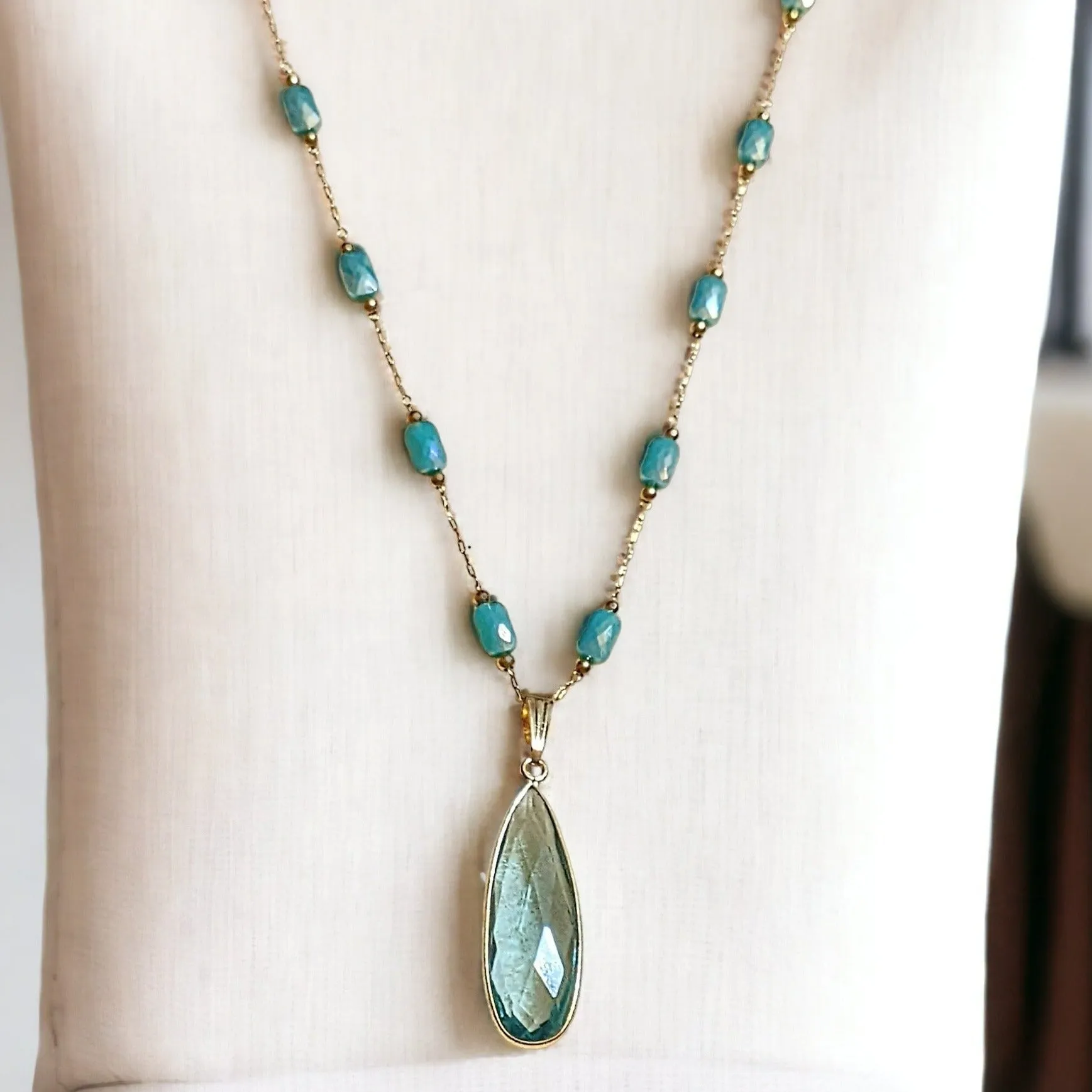 Aqua Gemstone Drop Crystal Bead Necklace, 20 inch