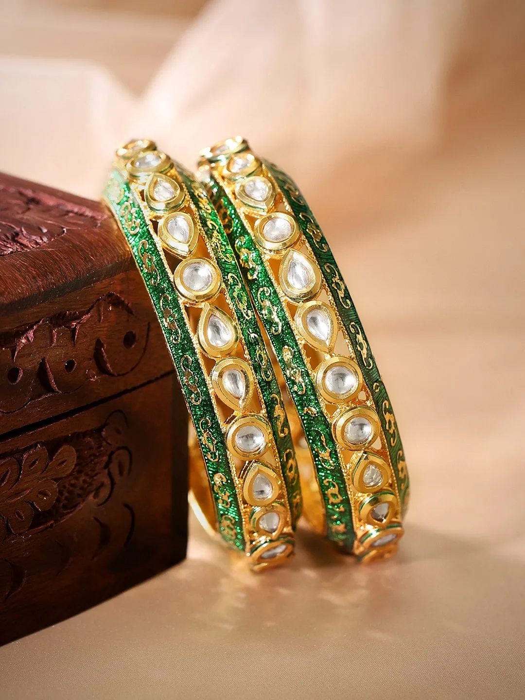 As Seen On Adah Sharma - Rubans 24K Gold Plated Kundan Studded Green Enamel Bangles