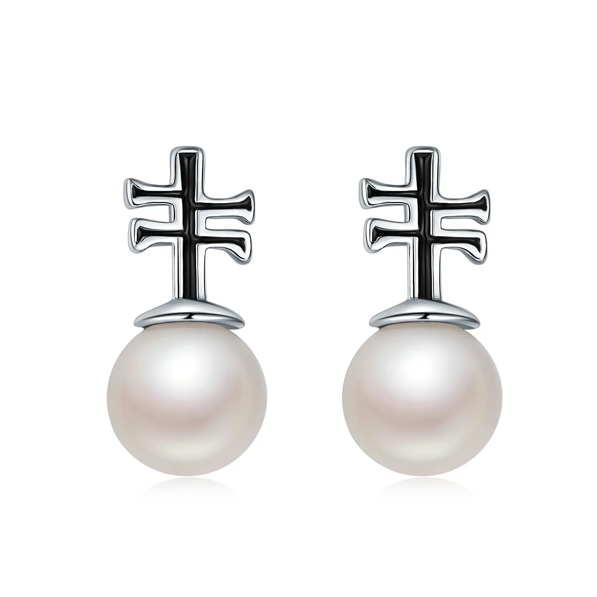 Black Enamel Pipa Pearl Stud Earrings