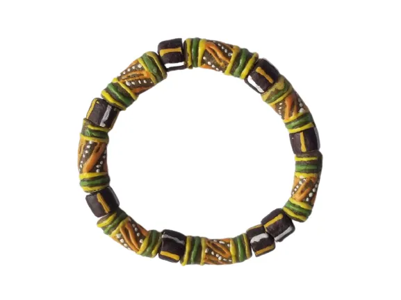 Brown Green and Yellow Bella Africa Krobo Bead Stretch Bracelet