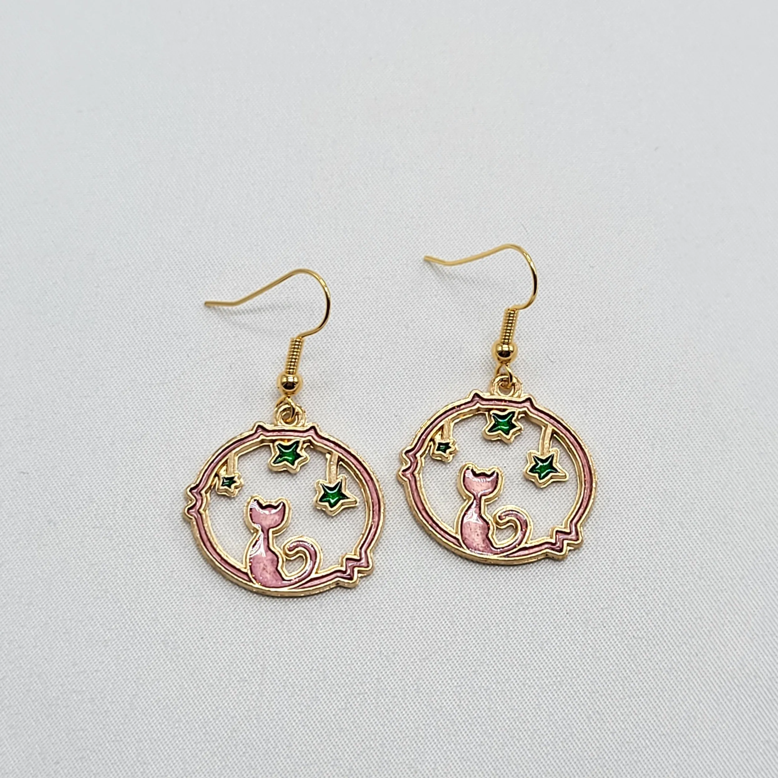 Cat and Stars Enamel Earrings