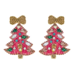 Christmas Tree Beaded Earrings - Pink