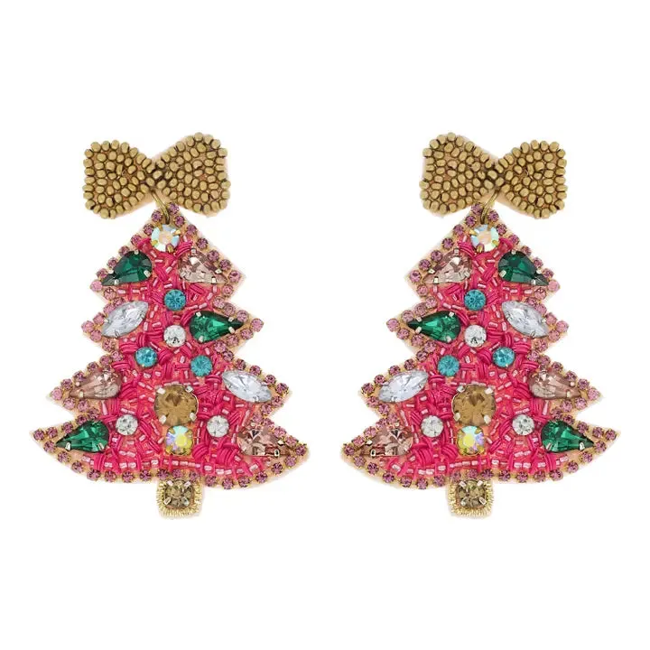 Christmas Tree Beaded Earrings - Pink