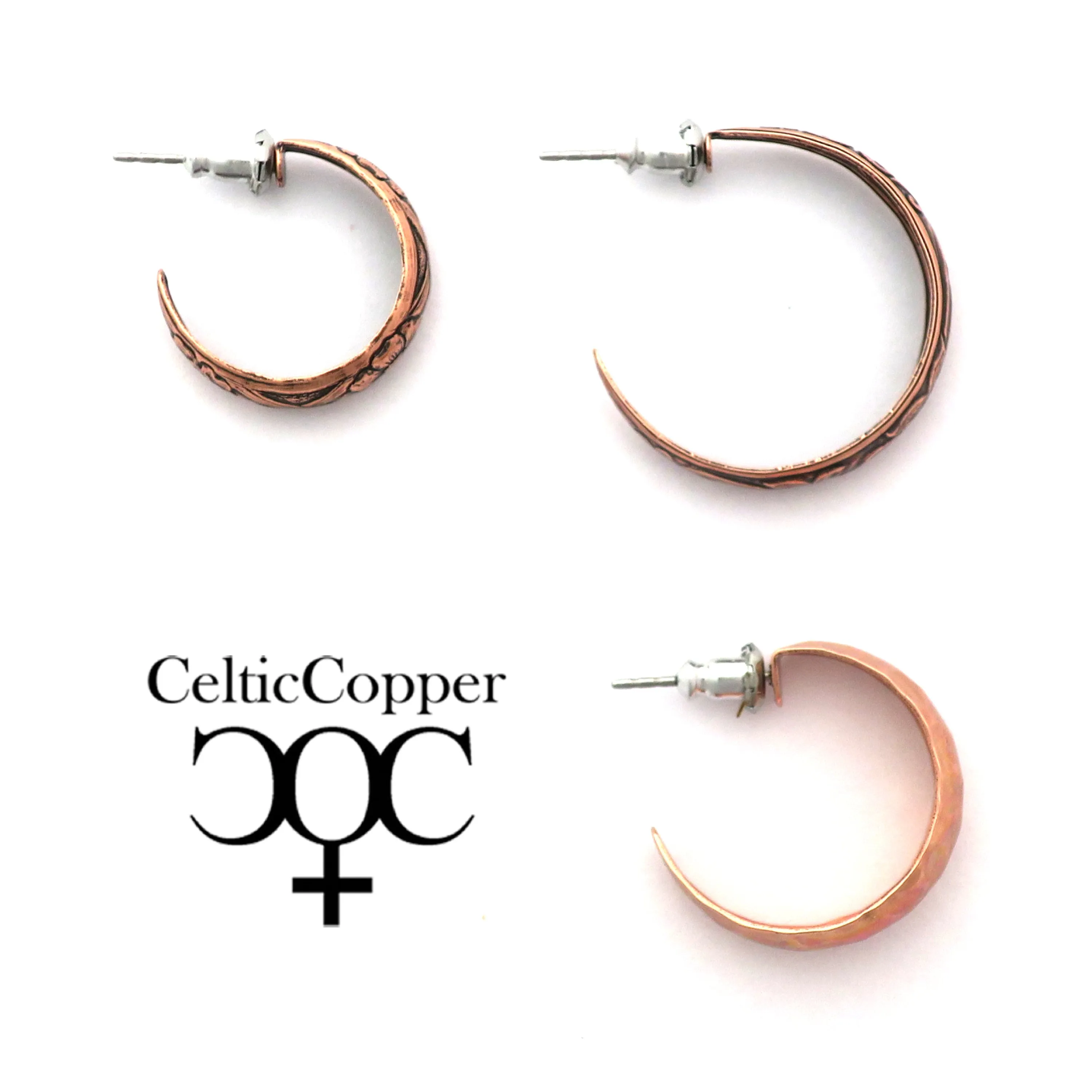 Copper Hoop Earrings EC84 Solid Copper Hoop Earrings 18mm Textured Ribbon Wrapped Floral Pattern Copper Hoop Earrings