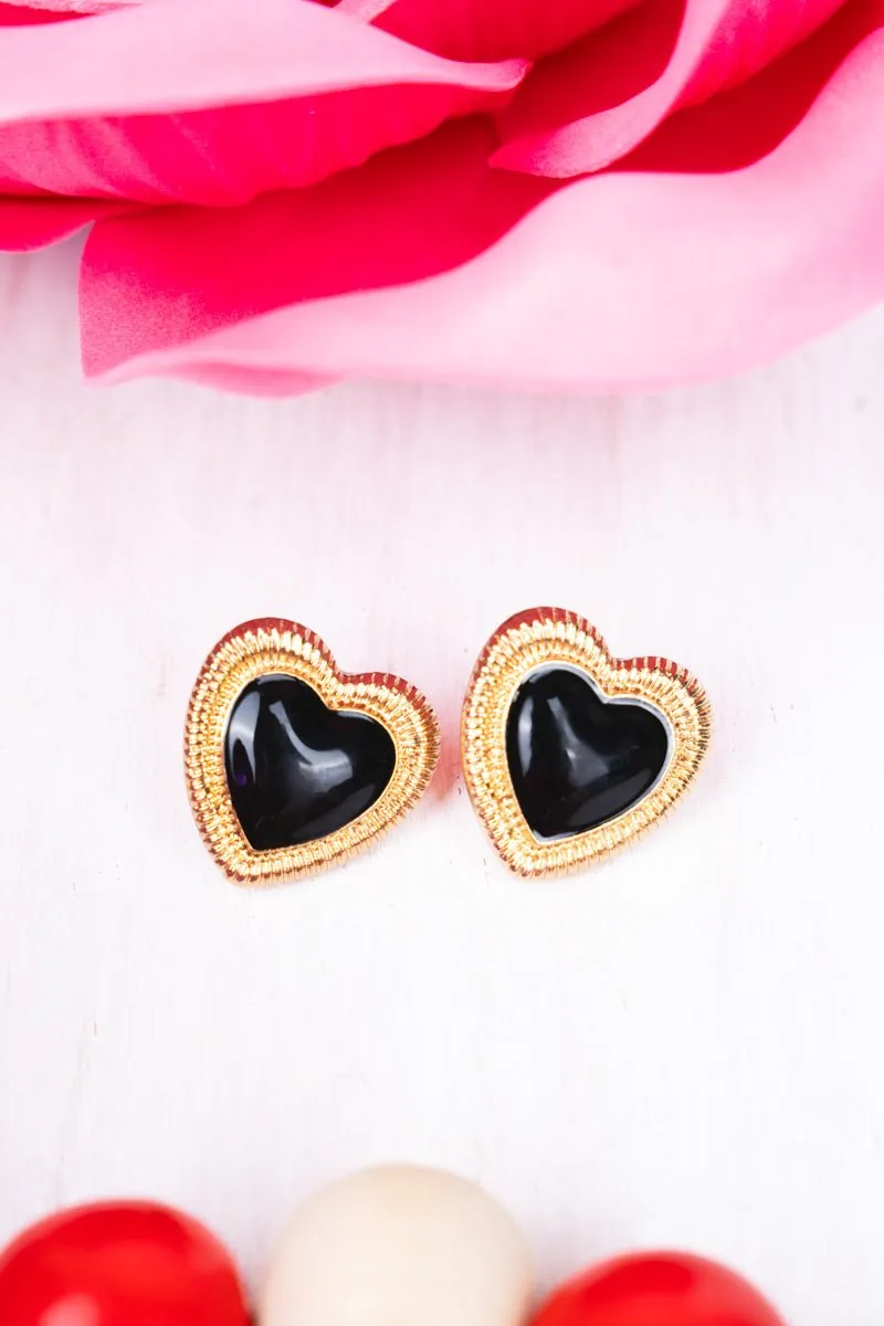 Crystal Avenue Black and Goldtone Mina Heart Earrings