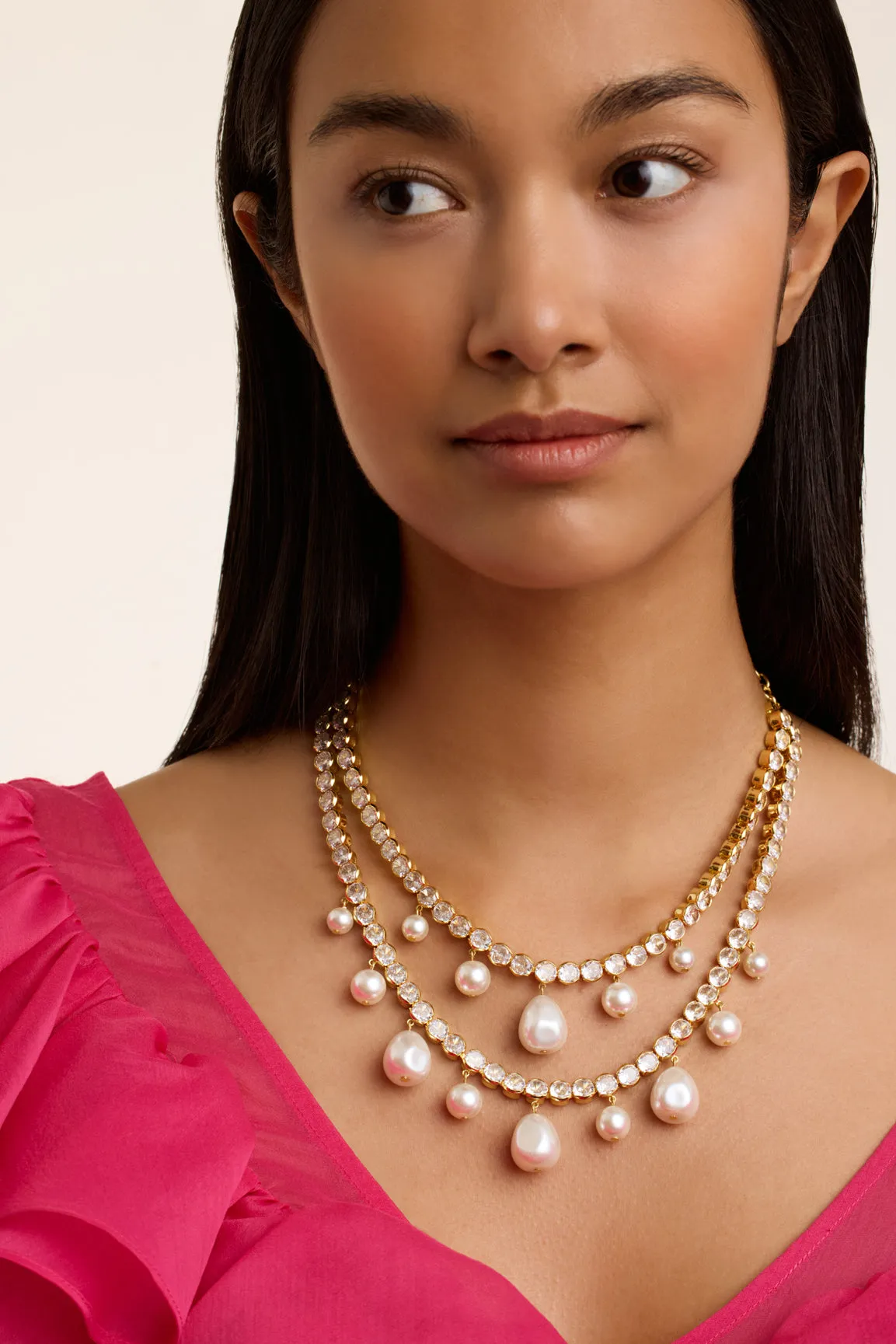 Divinaa Pearl & Crystal Statement Necklace Gold