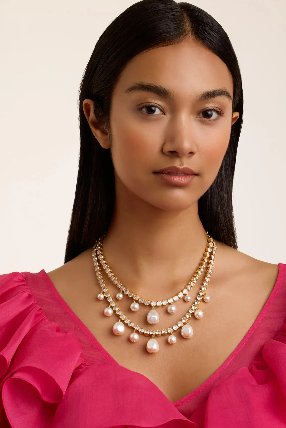 Divinaa Pearl & Crystal Statement Necklace Gold