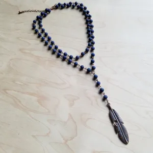 Double Strand Frosted Blue Lapis with Copper Feather 244z