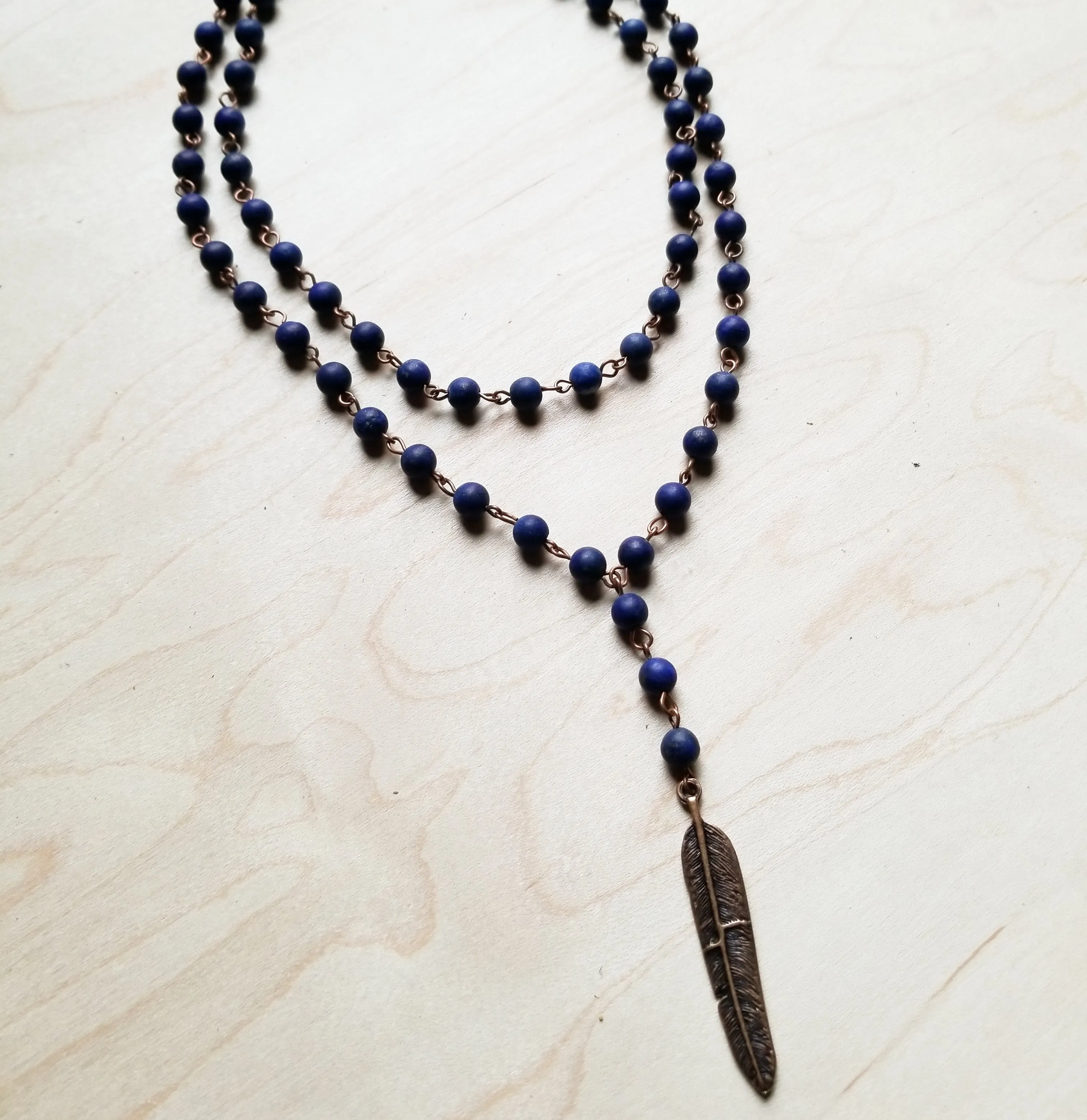 Double Strand Frosted Blue Lapis with Copper Feather 244z