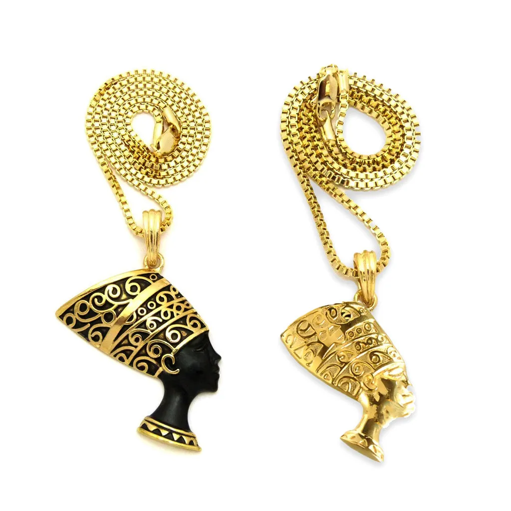 Egypt Queen Nefertiti Cleopatra Pendant Chain Necklace Set in Gold Black Tone