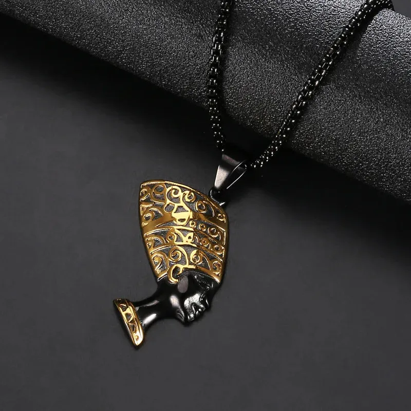 Egypt Queen Nefertiti Cleopatra Pendant Chain Necklace Set in Gold Black Tone