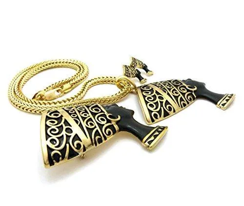 Egypt Queen Nefertiti Cleopatra Pendant Chain Necklace Set in Gold Black Tone