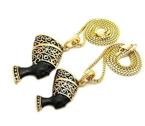 Egypt Queen Nefertiti Cleopatra Pendant Chain Necklace Set in Gold Black Tone