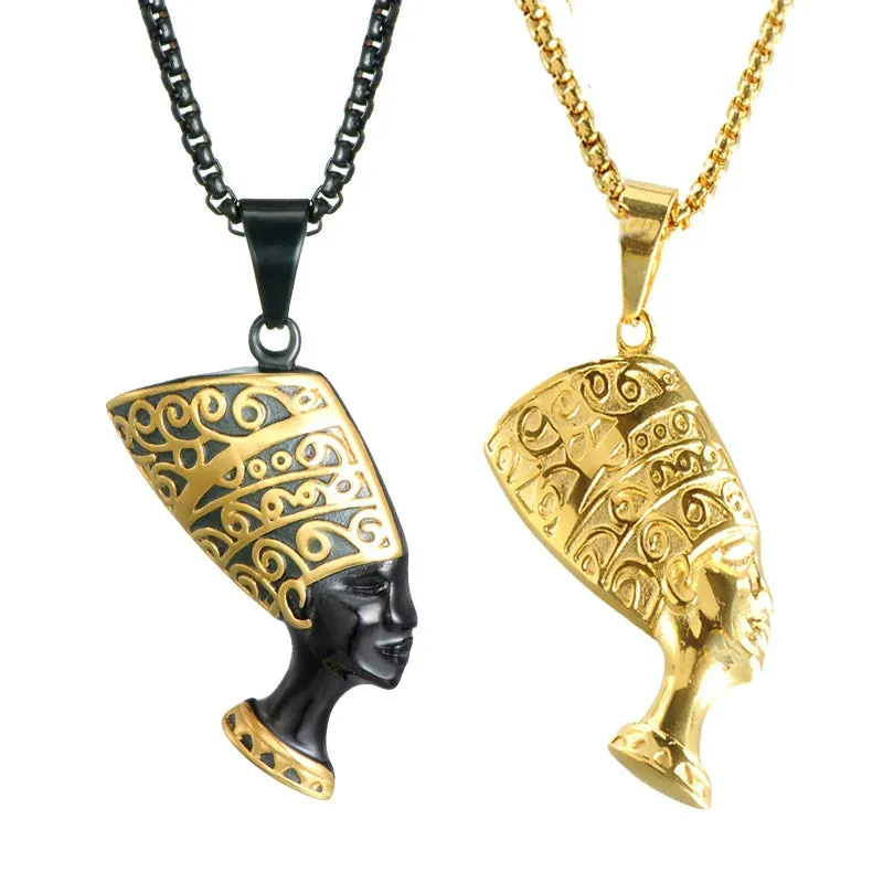 Egypt Queen Nefertiti Cleopatra Pendant Chain Necklace Set in Gold Black Tone