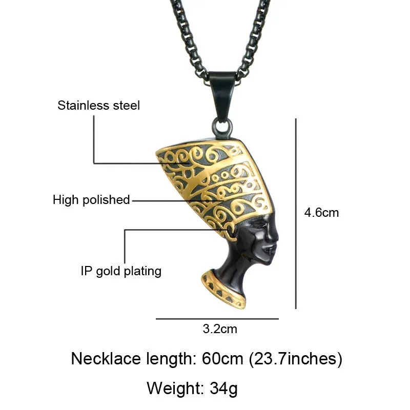 Egypt Queen Nefertiti Cleopatra Pendant Chain Necklace Set in Gold Black Tone