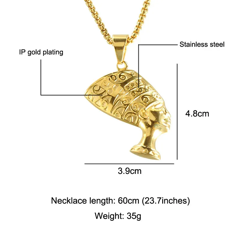 Egypt Queen Nefertiti Cleopatra Pendant Chain Necklace Set in Gold Black Tone