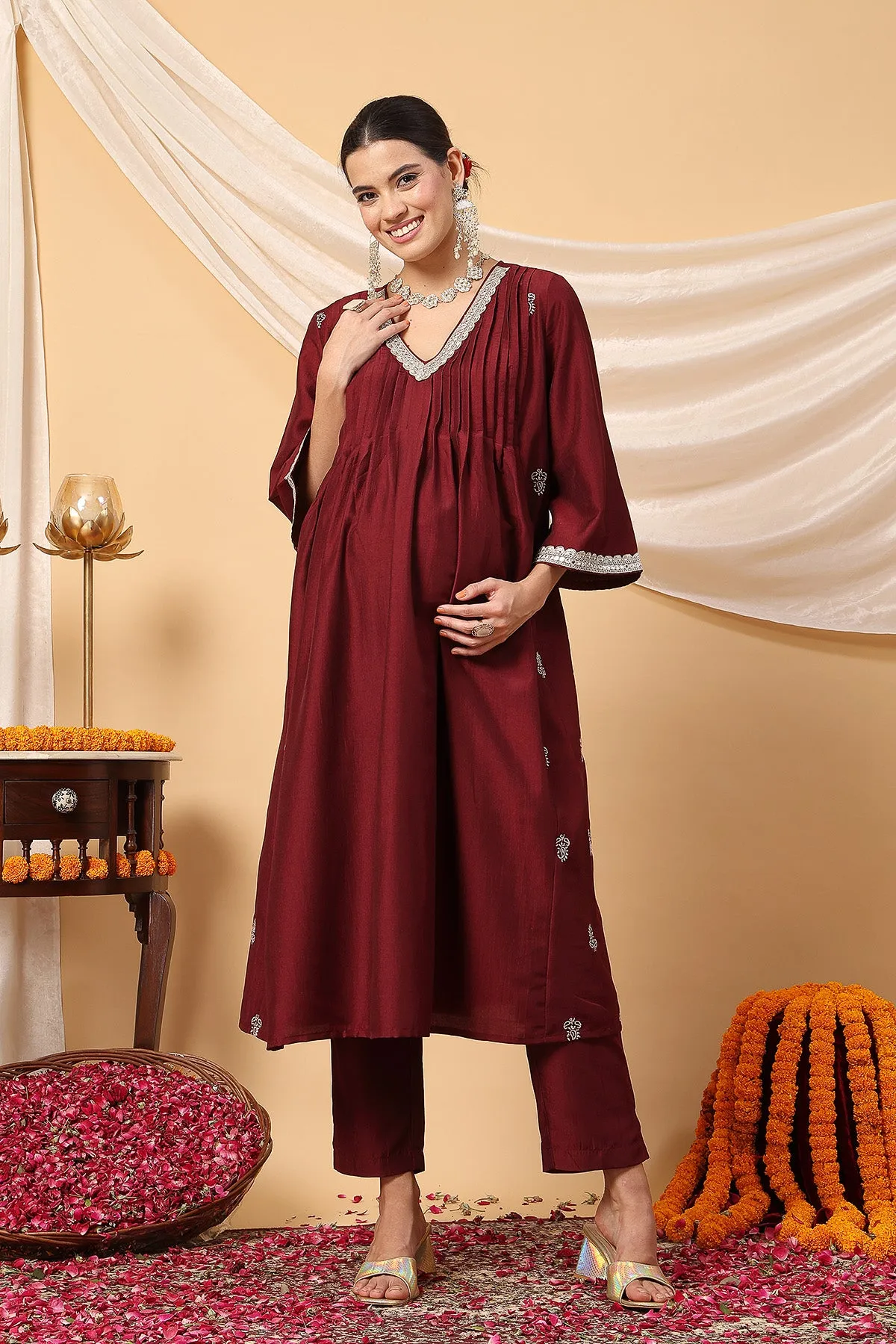 Elegant Maroon Festive Glow Maternity Feeding Suit Set