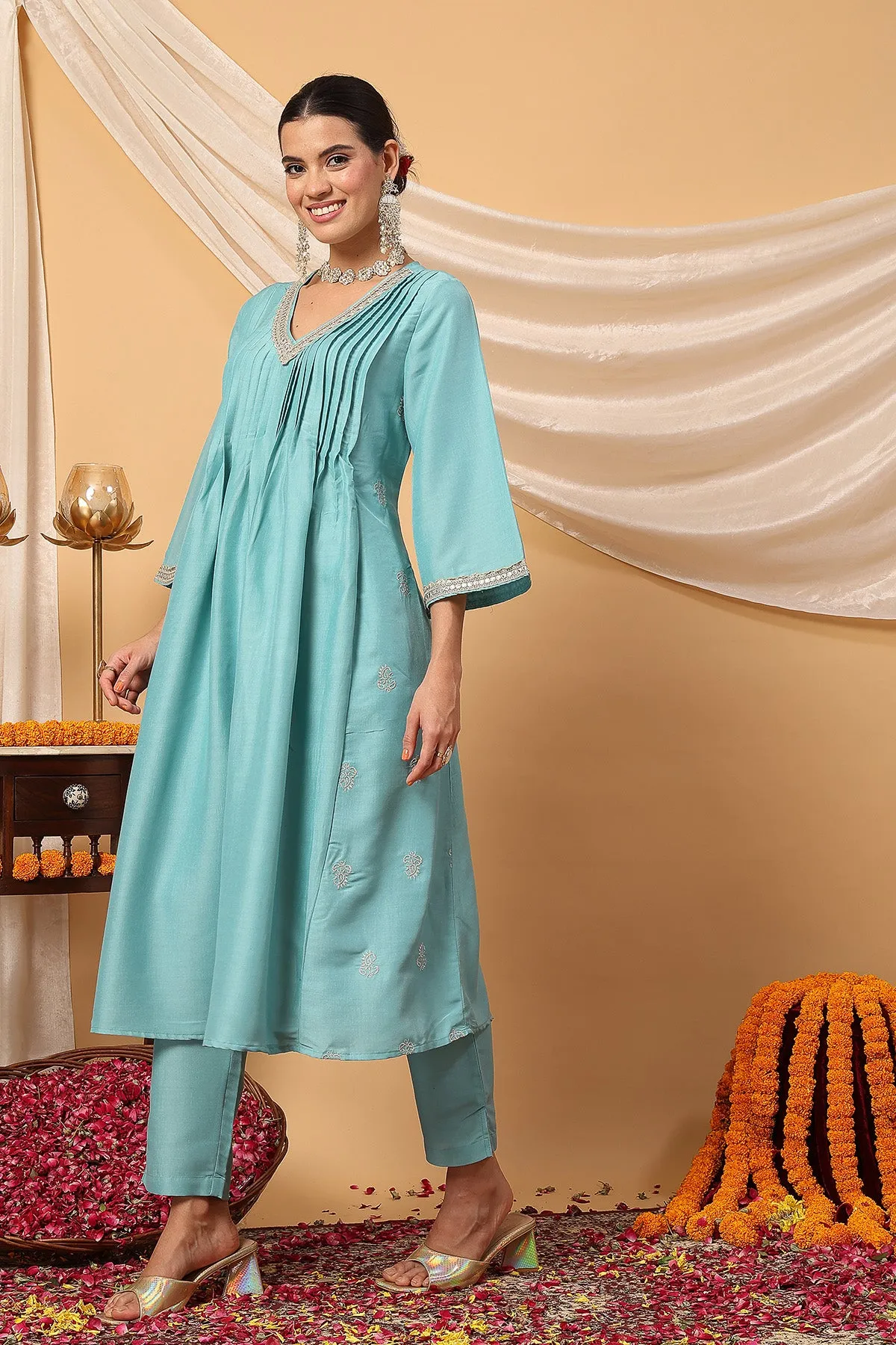 Elegant Turquoise Festive Glow Maternity Feeding Suit Set