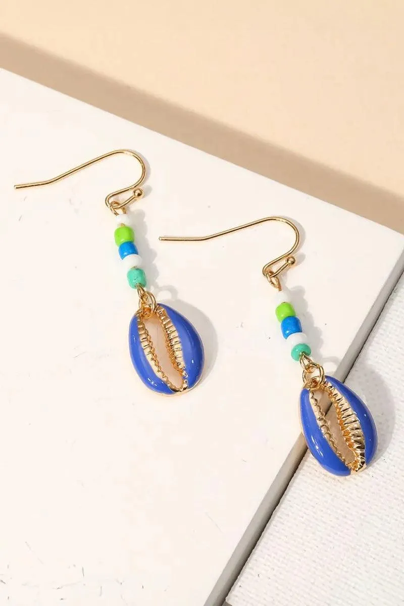 Enamel Seed Bead Cowrie Shell Drop Earrings