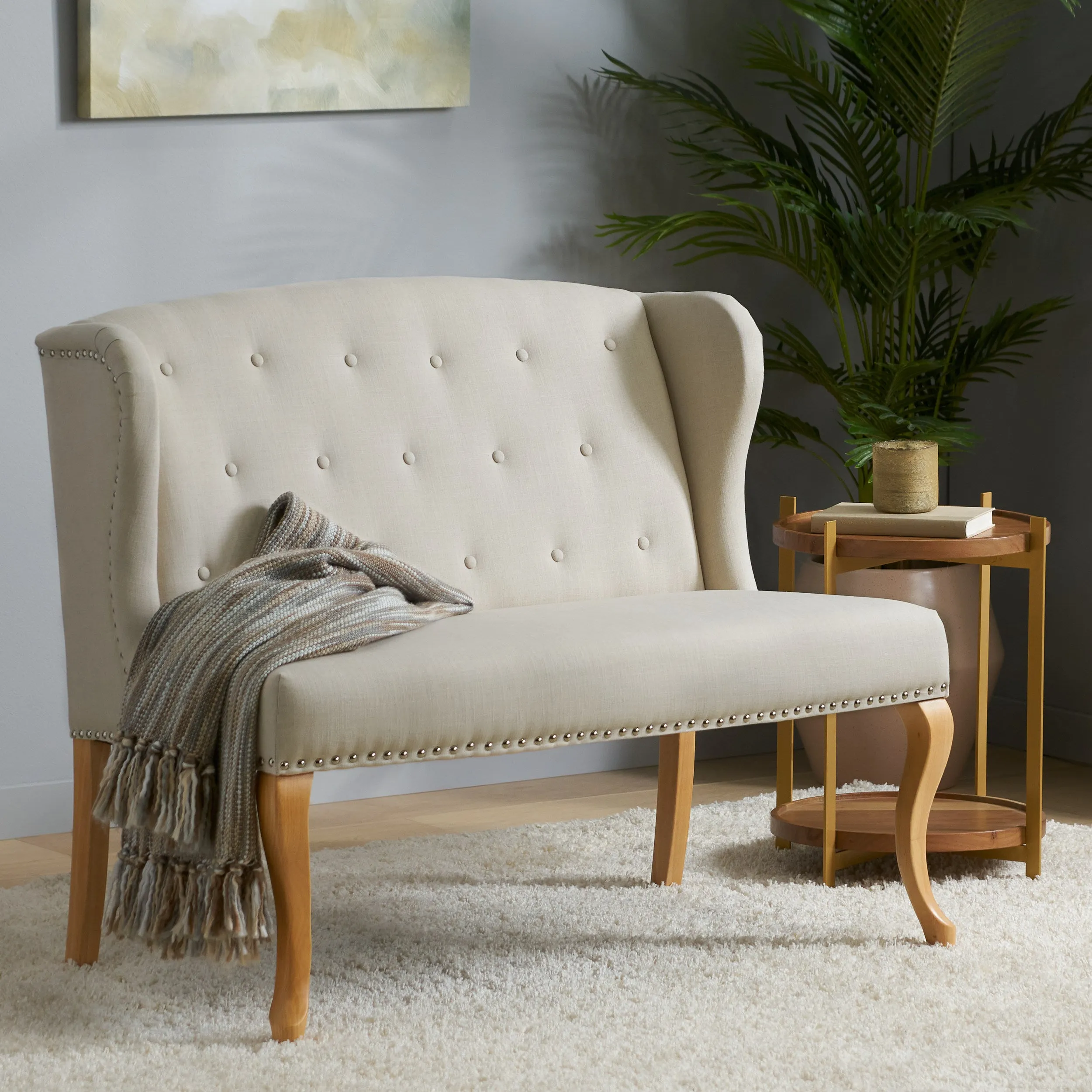 Eva French Country Style Tufted Beige Fabric Wingback Bench