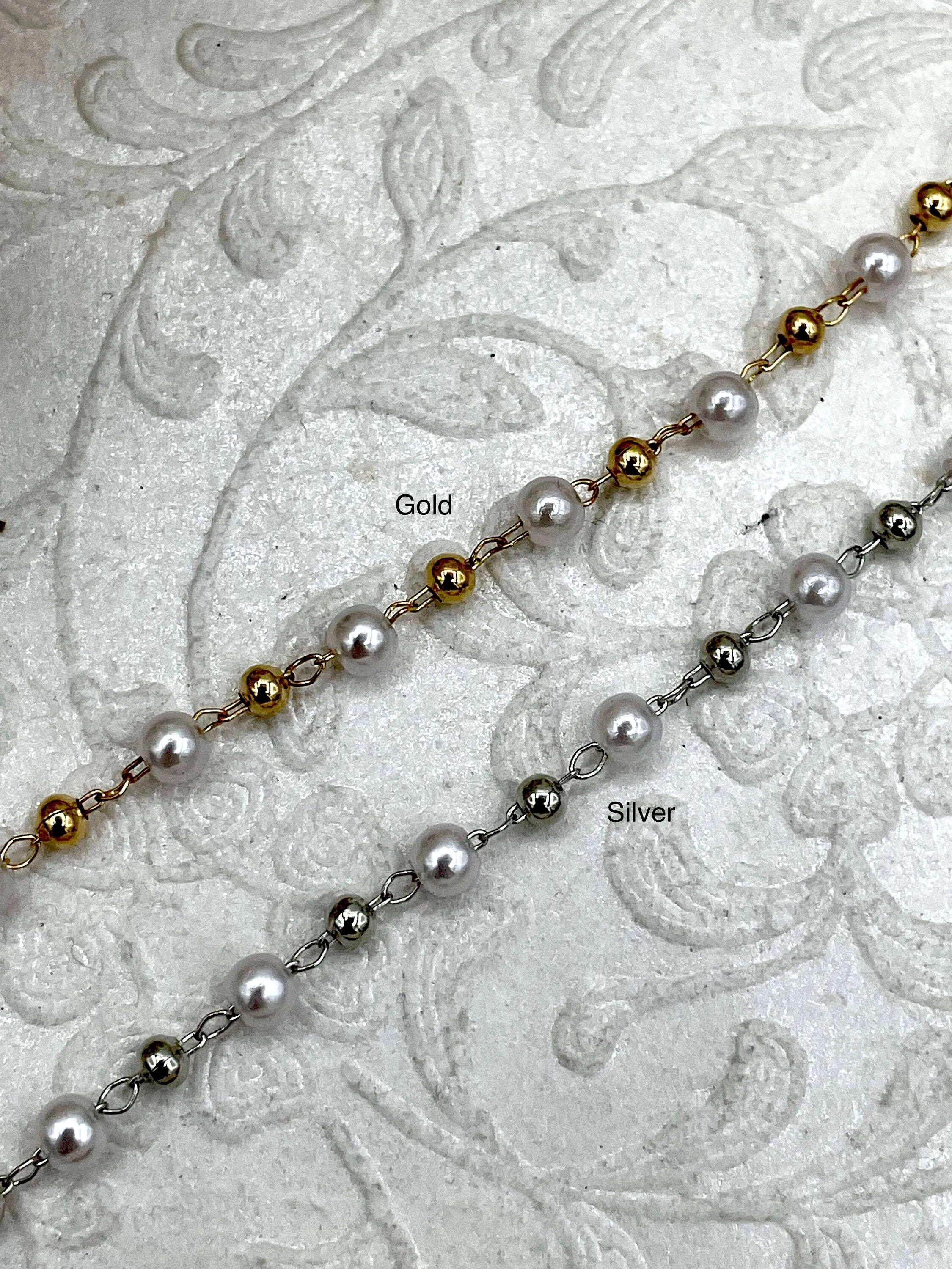 Faux Pearl Beaded Rosary Chain, 4mm White Pearls with Gold or Silver Wire and Accents, Plated Brass Wire, Sold by the foot, Fast Ship