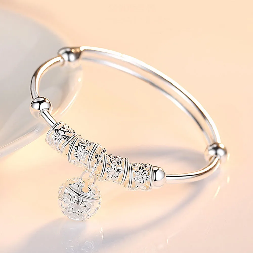 Fine 925 Sterling Silver hollow Bell bangle adjustable Bracelet