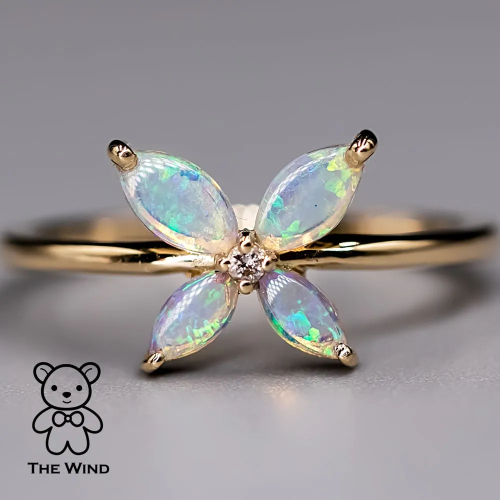 Flower Design Australian Opal Diamond Engagement Ring 14K Yellow Gold