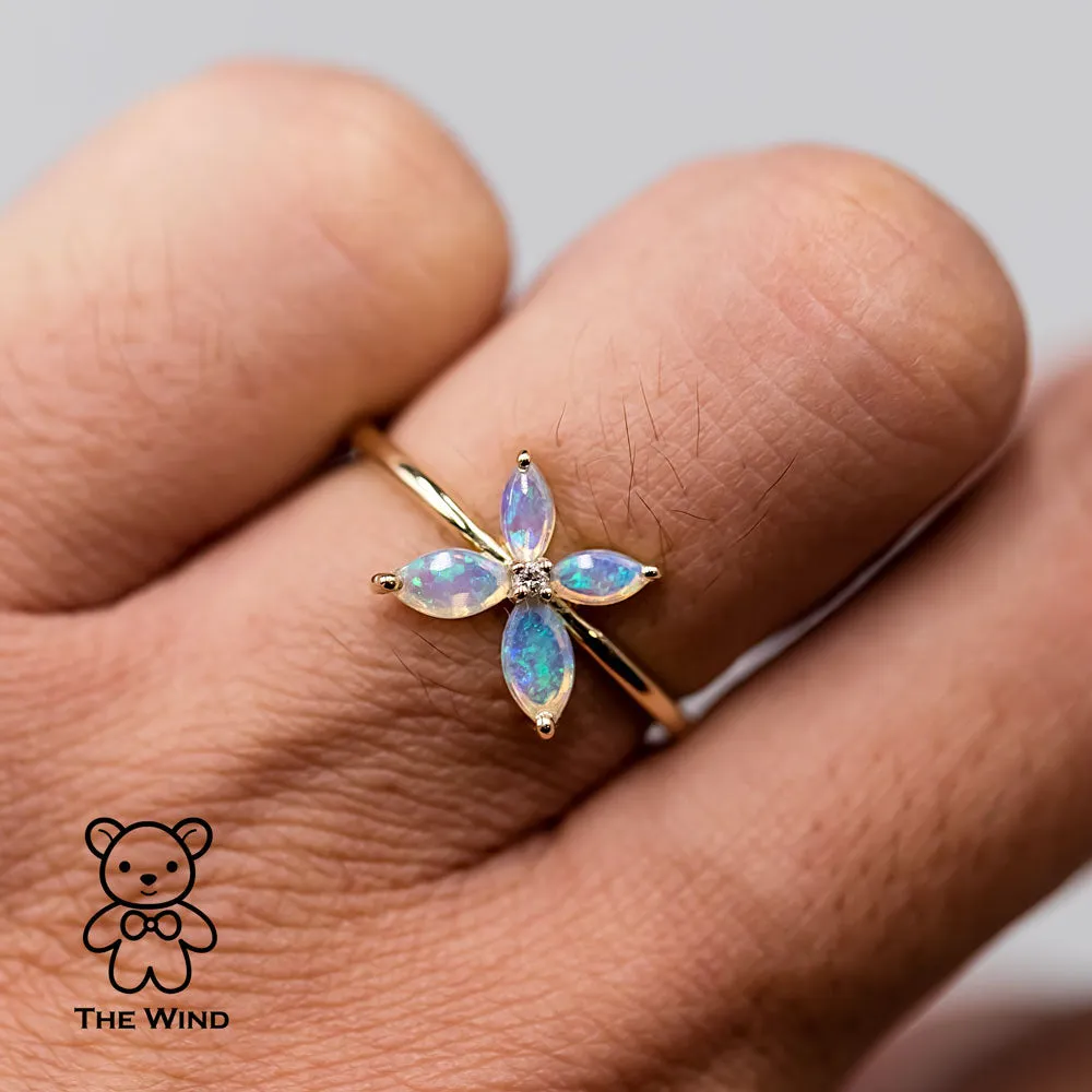 Flower Design Australian Opal Diamond Engagement Ring 14K Yellow Gold