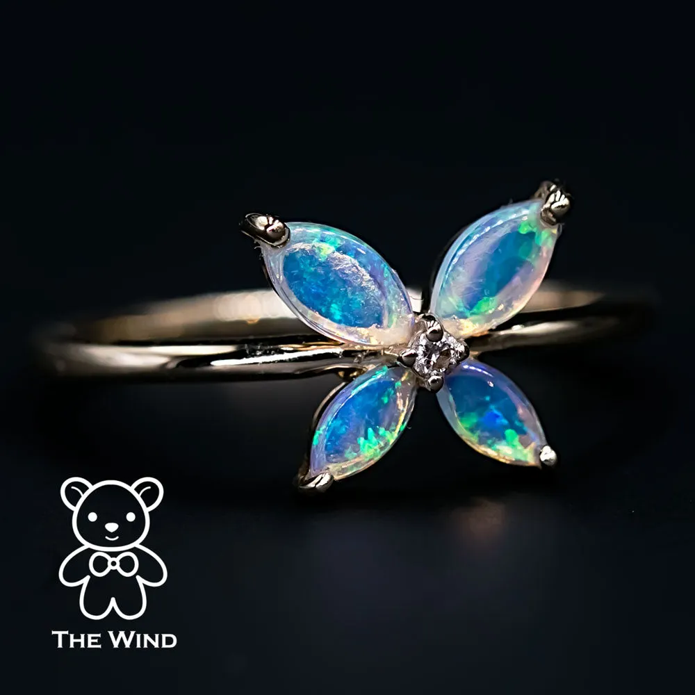 Flower Design Australian Opal Diamond Engagement Ring 14K Yellow Gold