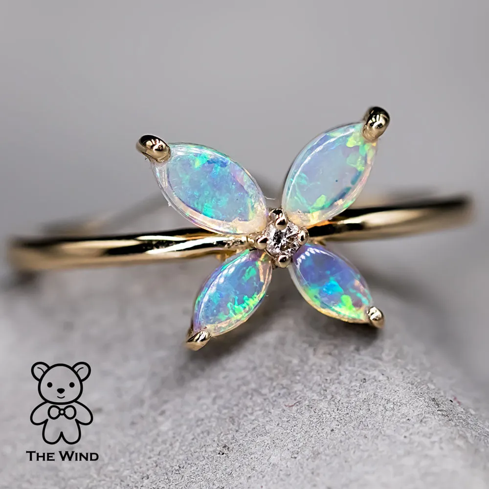 Flower Design Australian Opal Diamond Engagement Ring 14K Yellow Gold