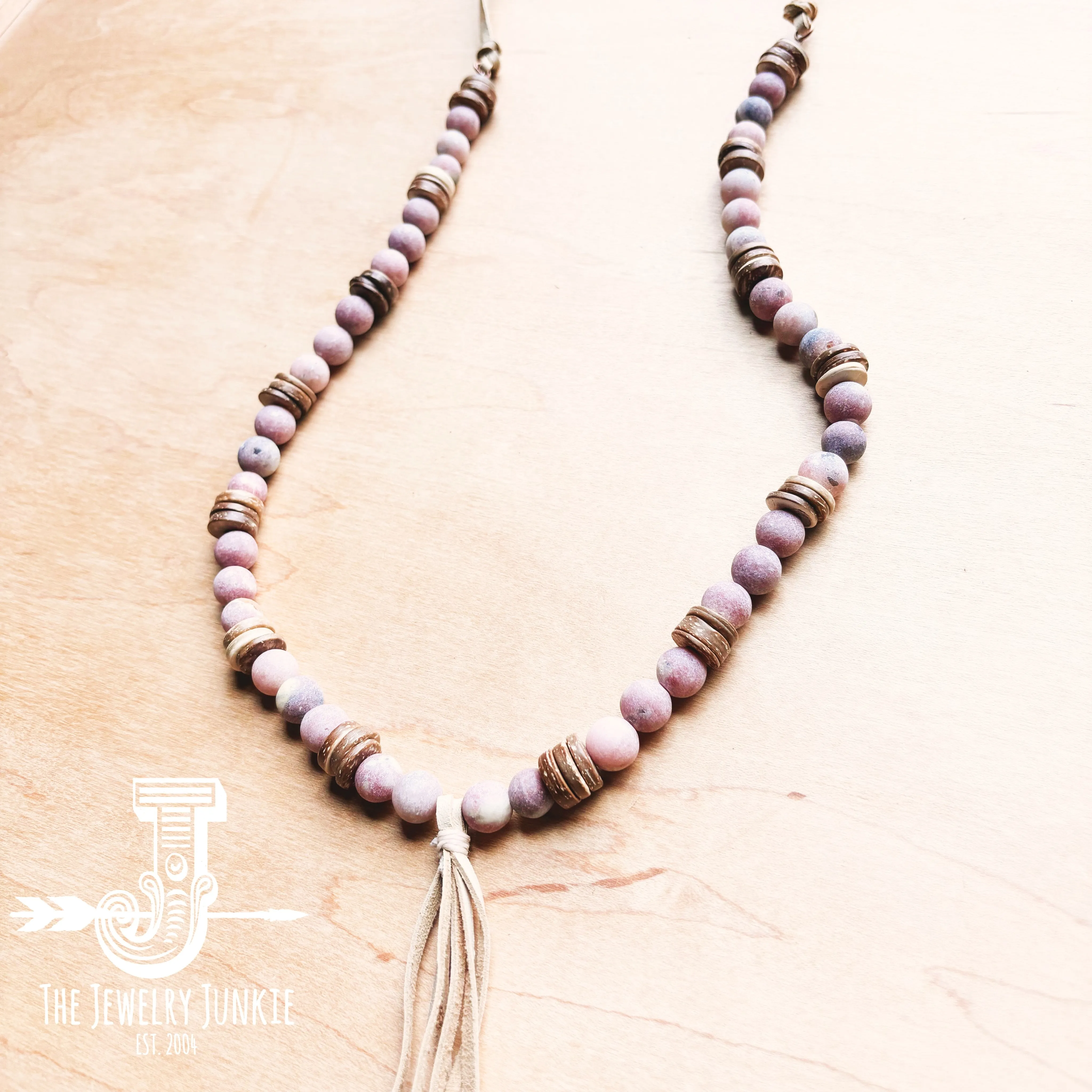 **Frosted Marble Jasper Necklace w/ Wood Beads & Leather Tassel 258b