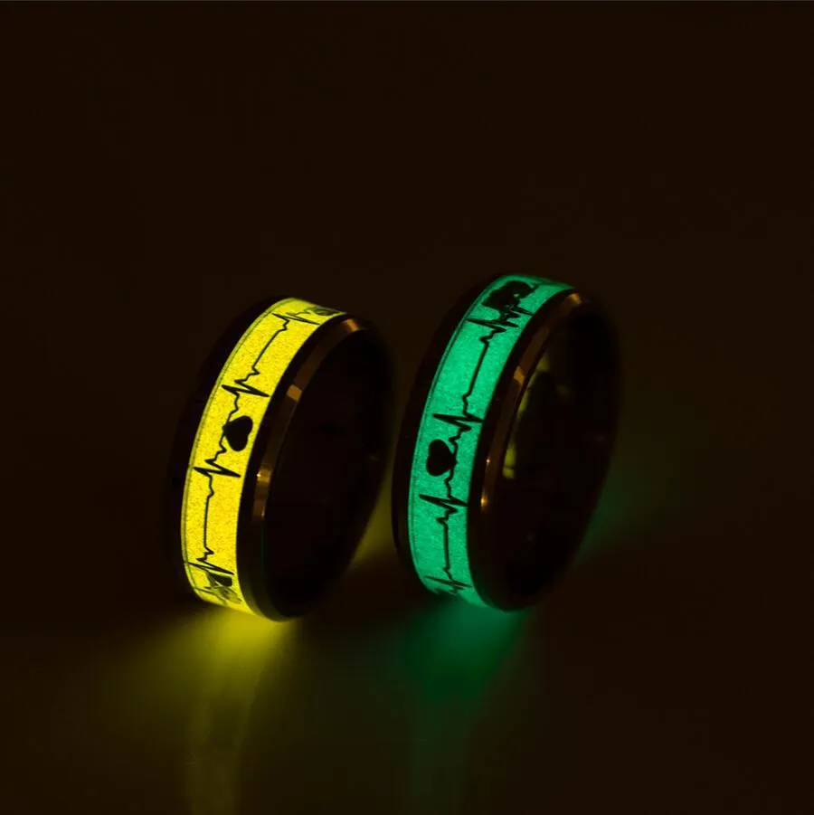 Glowing Heartbeat Electrocardiogram Couple Rings - Vibrant Orange and Blue Night Shades